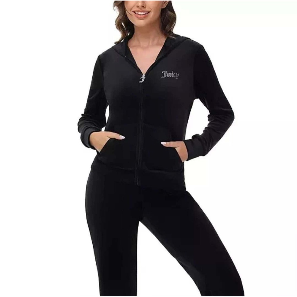 Juicy Couture Mean Girls Black Velour Rhinestone Zip Hoodie Jacket Women L NWT